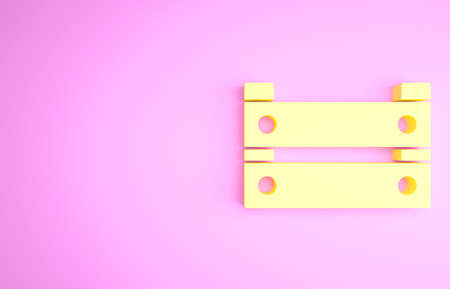 Yellow Wooden box icon isolated on pink background. Grocery basket, storehouse crate. Empty wooden container for vegetables, products. Minimalism concept. 3d illustration 3D renderの写真素材