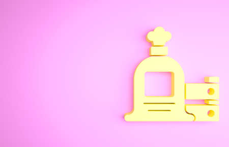 Yellow Full sack and wooden box icon isolated on pink background. Minimalism concept. 3d illustration 3D render.の写真素材
