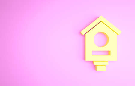 Yellow Bird house icon isolated on pink background. Nesting box birdhouse, homemade building for birds. Minimalism concept. 3d illustration 3D renderの写真素材