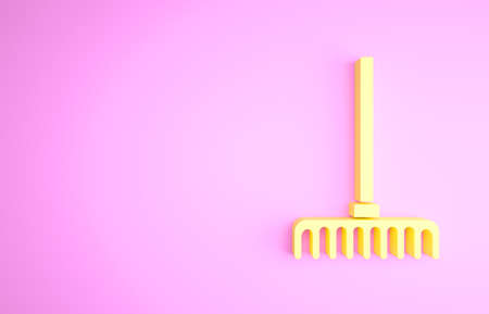Yellow Garden rake icon isolated on pink background. Tool for horticulture, agriculture, farming. Ground cultivator. Minimalism concept. 3d illustration 3D renderの写真素材