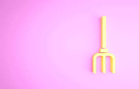 Yellow Garden pitchfork icon isolated on pink background. Garden fork sign. Tool for horticulture, agriculture, farming. Minimalism concept. 3d illustration 3D renderの写真素材