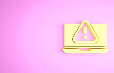 Yellow Laptop with exclamation mark icon isolated on pink background. Alert message smartphone notification. Minimalism concept. 3d illustration 3D renderの写真素材