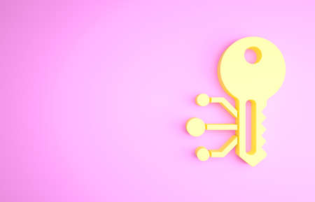 Yellow Cryptocurrency key icon isolated on pink background. Concept of cyber security or private key, digital key with technology interface. Minimalism concept. 3d illustration 3D renderの写真素材