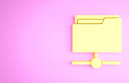 Yellow FTP folder icon isolated on pink background. Software update, transfer protocol, router, teamwork tool management, copy process, info. Minimalism concept. 3d illustration 3D renderの写真素材