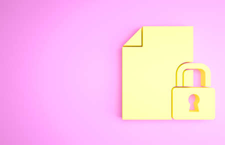 Yellow Document and lock icon isolated on pink background. File format and padlock. Security, safety, protection concept. Minimalism concept. 3d illustration 3D renderの写真素材
