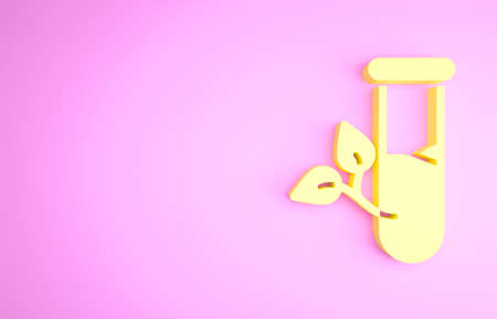 Yellow Laboratory glass and leaves icon isolated on pink background. Chemical test tube with leaf. Eco Lab. Minimalism concept. 3d illustration 3D renderの写真素材