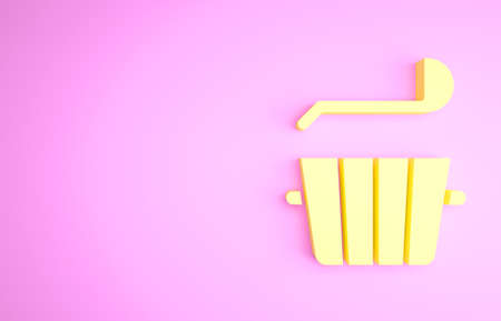 Yellow Sauna bucket and ladle icon isolated on pink background. Minimalism concept. 3d illustration 3D renderの写真素材
