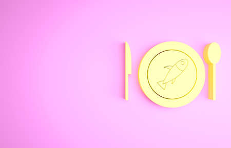 Yellow Served fish on a plate icon isolated on pink background. Minimalism concept. 3d illustration 3D renderの写真素材