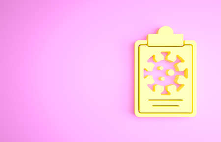 Yellow Medical clipboard with blood test results icon isolated on pink background. Clinical record, medical check marks report. Minimalism concept. 3d illustration 3D renderの写真素材