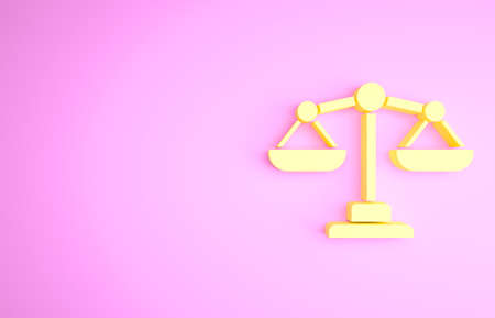 Yellow Scales of justice icon isolated on pink background. Court of law symbol. Balance scale sign. Minimalism concept. 3d illustration 3D renderの写真素材