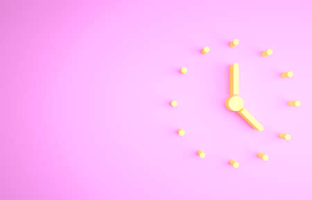 Yellow Clock icon isolated on pink background. time symbol. Minimalism concept. 3d illustrationの写真素材