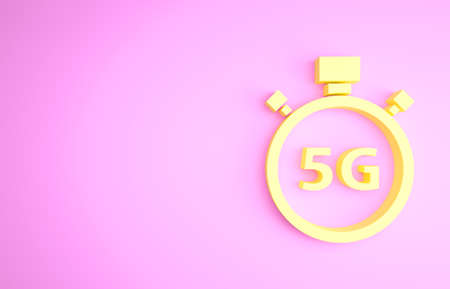Yellow Digital speed meter concept with 5G icon isolated on pink background. Global network high speed connection data rate technology. Minimalism concept. 3d illustration 3D renderの写真素材