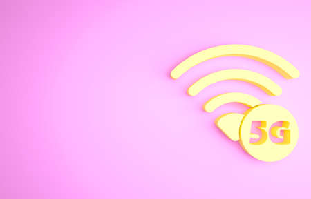 Yellow 5G new wireless internet wifi connection icon isolated on pink background. Global network high speed connection data rate technology. Minimalism concept. 3d illustration 3D renderの写真素材