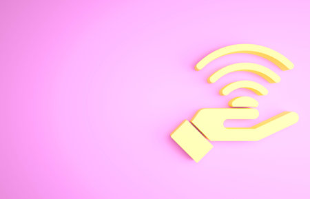 Yellow 5G new wireless internet wifi connection icon isolated on pink background. Global network...