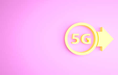 Yellow 5G new wireless internet wifi connection icon isolated on pink background. Global network high speed connection data rate technology. Minimalism concept. 3d illustration 3D renderの写真素材
