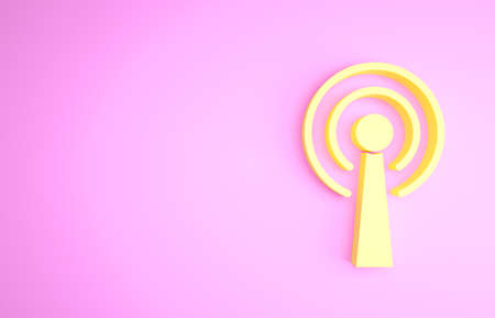 Yellow Antenna icon isolated on pink background. Radio antenna wireless. Technology and network signal radio antenna. Minimalism concept. 3d illustration 3D renderの写真素材