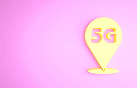Yellow Location 5G new wireless internet wifi connection icon isolated on pink background. Global network high speed connection data rate technology. Minimalism concept. 3d illustration 3D renderの写真素材