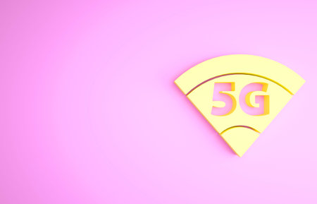 Yellow 5G new wireless internet wifi connection icon isolated on pink background. Global network...