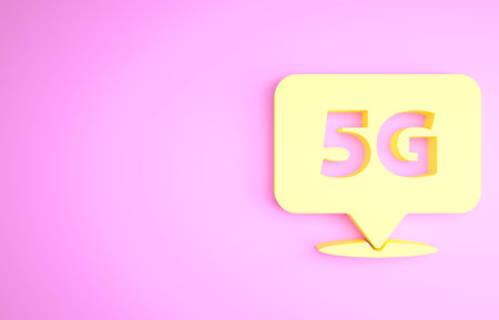 Yellow Location 5G new wireless internet wifi connection icon isolated on pink background. Global...