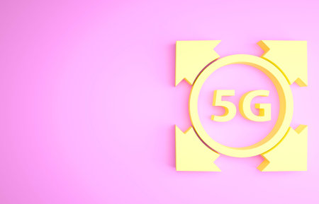 Yellow 5G new wireless internet wifi connection icon isolated on pink background. Global network...