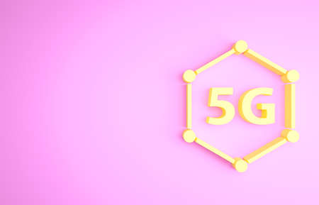 Yellow 5G new wireless internet wifi connection icon isolated on pink background. Global network high speed connection data rate technology. Minimalism concept. 3d illustration 3D renderの写真素材