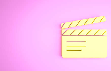 Yellow Movie clapper icon isolated on pink background. Film clapper board. Clapperboard sign. Cinema production or media industry. Minimalism concept. 3d illustration 3D renderの写真素材