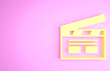 Yellow Bollywood indian cinema icon isolated on pink background. Movie clapper. Film clapper board. Cinema production or media industry. Minimalism concept. 3d illustration 3D renderの写真素材