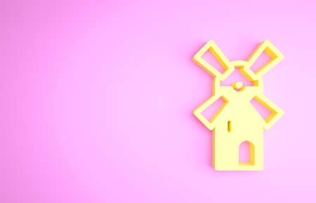 Yellow Windmill icon isolated on pink background. Minimalism concept. 3d illustration 3D renderの写真素材