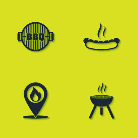 Set Barbecue grill, , Location with fire flame and Hotdog sandwich icon. Vectorのイラスト素材