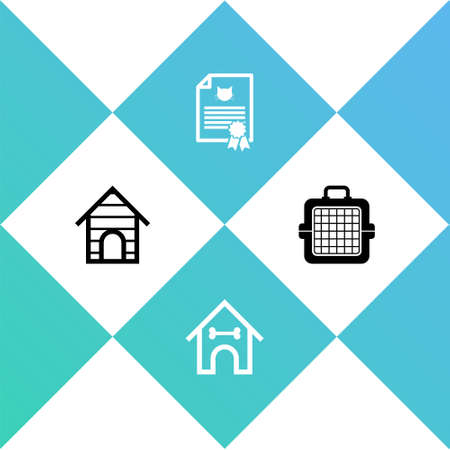 Set Dog house, and bone, Certificate for dog or cat and Pet carry case icon. Vectorのイラスト素材