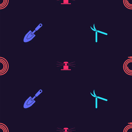 Set Gardening handmade scissor, trowel spade shovel, Automatic irrigation sprinklers and hose fire hose on seamless pattern. Vectorのイラスト素材
