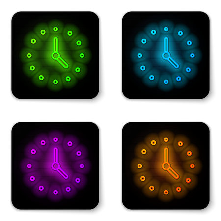 Glowing neon line Clock icon isolated on white background. Time symbol. Black square button. Vector