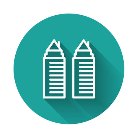 White line Two tall residential towers in the Dnipro city icon isolated with long shadow. Green circle button. Vectorのイラスト素材