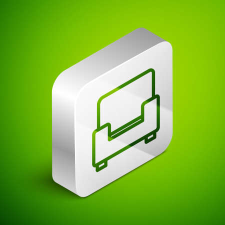 Isometric line Armchair icon isolated on green background. Silver square button. Vectorのイラスト素材