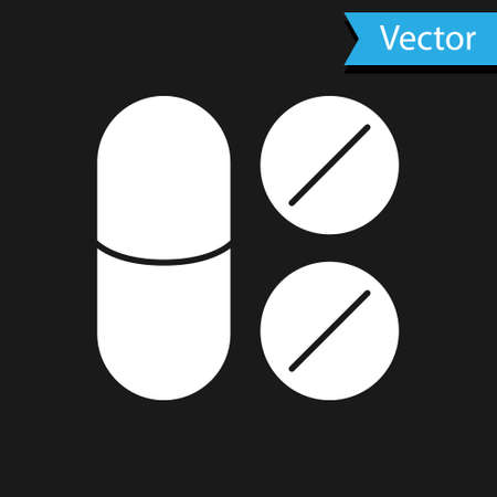 White Toothache painkiller tablet icon isolated on black background. Tooth care medicine. Capsule pill and drug. Pharmacy design. Vectorのイラスト素材