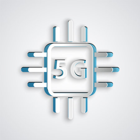 Paper cut Computer processor 5G with microcircuits CPU icon isolated on grey background. Chip or cpu...