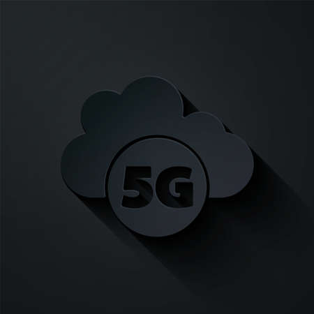 Paper cut Cloud 5G new wireless internet wifi connection icon isolated on black background. Global network high speed connection data rate technology. Paper art style. Vectorのイラスト素材