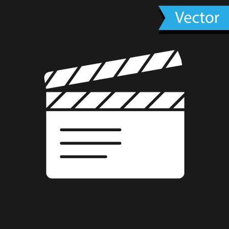 White Movie clapper icon isolated on black background. Film clapper board. Clapperboard sign. Cinema production or media industry. Vectorのイラスト素材