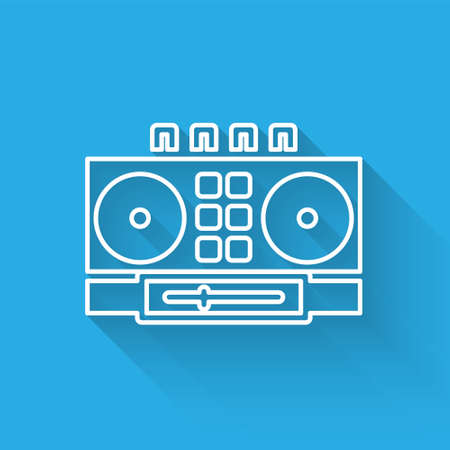White line DJ remote for playing and mixing music icon isolated with long shadow. DJ mixer complete with vinyl player and remote control. Vectorのイラスト素材