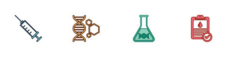 Set Syringe, Genetic engineering, DNA research, search and Clipboard with blood test icon. Vector