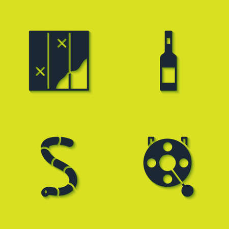 Set Folded map, Spinning reel for fishing, Worm and Bottle of vodka icon. Vectorのイラスト素材