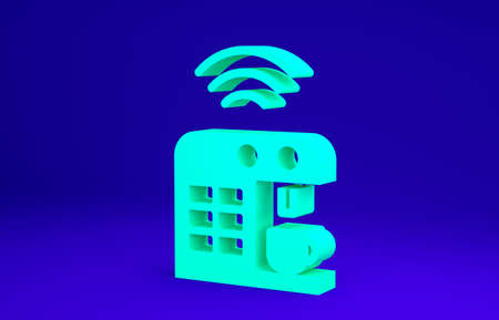 Green Smart coffee machine system icon isolated on blue background. Internet of things concept with wireless connection. Minimalism concept. 3d illustration 3D renderの写真素材