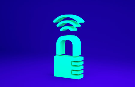 Green Smart safe combination lock icon isolated on blue background. Combination padlock. Security, safety, protection, password, privacy. Minimalism concept. 3d illustration 3D renderの写真素材