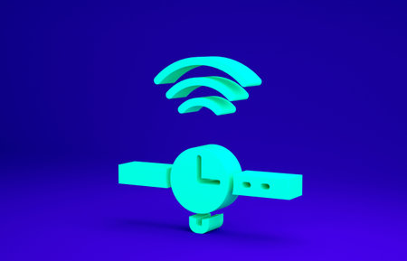 Green Smartwatch icon isolated on blue background. Internet of things concept with wireless...
