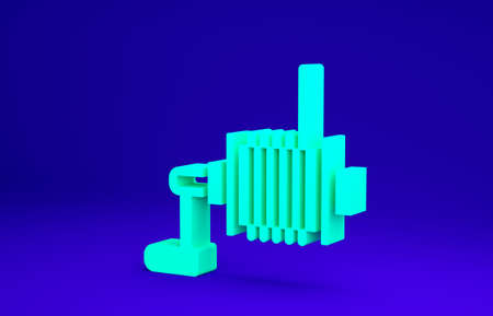 Green Spinning reel for fishing icon isolated on blue background. Fishing coil. Fishing tackle. Minimalism concept. 3d illustration 3D renderの写真素材