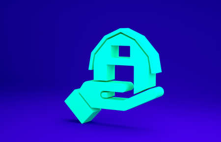 Green Farm house in hand icon isolated on blue background. Minimalism concept. 3d illustration 3D renderの写真素材