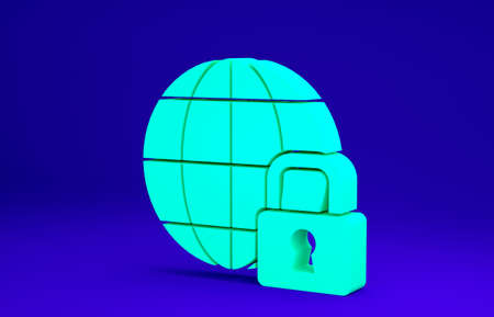 Green Global lockdown - locked globe icon isolated on blue background. Minimalism concept. 3d illustration 3D renderの写真素材