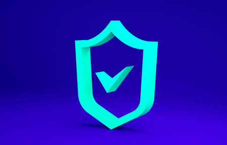 Green Shield with check mark icon isolated on blue background. Security, safety, protection, privacy concept. Tick mark approved. Minimalism concept. 3d illustration 3D renderの写真素材