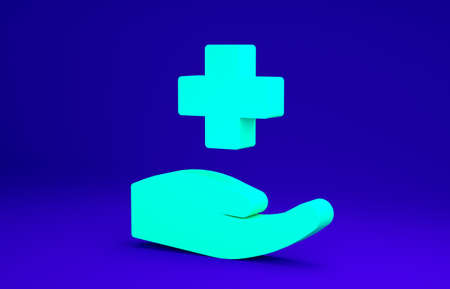 Green Cross hospital medical icon isolated on blue background. First aid. Diagnostics symbol. Medicine and pharmacy sign. Minimalism concept. 3d illustration 3D renderの写真素材