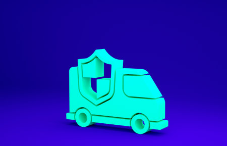 Green Car with shield icon isolated on blue background. insurance concept. Security, safety, protection, protect concept. Minimalism concept. 3d illustrationの写真素材